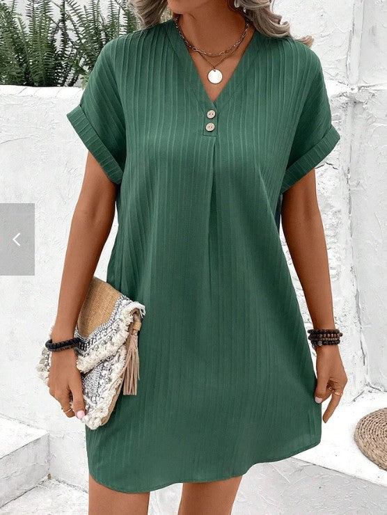 Women’s Green V-Neck Ribbed Tunic Dress Rolled Cuff Casual Shift Mini Dress