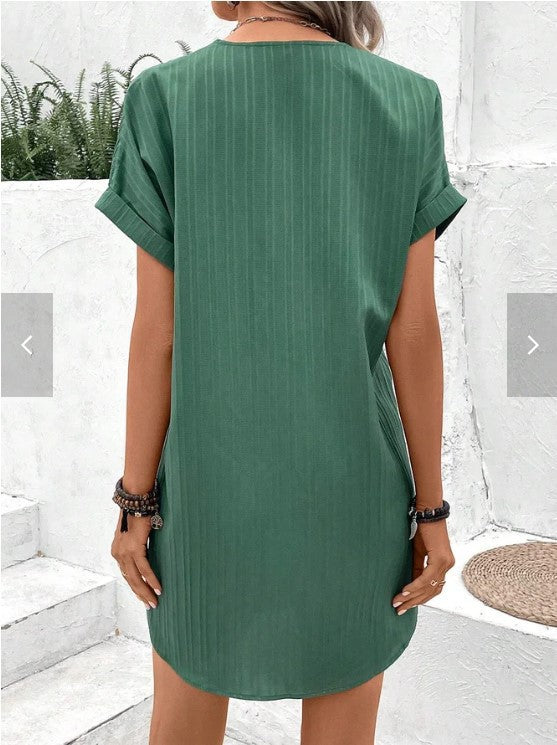 Women’s Green V-Neck Ribbed Tunic Dress Rolled Cuff Casual Shift Mini Dress