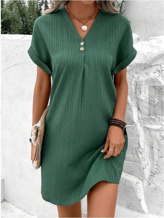 Women’s Green V-Neck Ribbed Tunic Dress Rolled Cuff Casual Shift Mini Dress