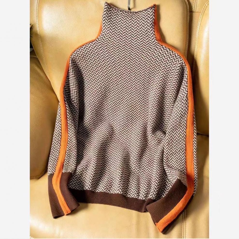 Women’s Herringbone Pattern Turtleneck Sweater Color Block Trim Long Sleeve Knit Pullover