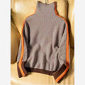 Women’s Herringbone Pattern Turtleneck Sweater Color Block Trim Long Sleeve Knit Pullover