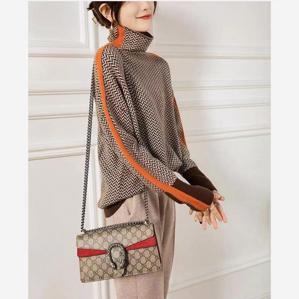 Women’s Herringbone Pattern Turtleneck Sweater Color Block Trim Long Sleeve Knit Pullover