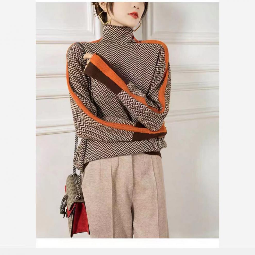 Women’s Herringbone Pattern Turtleneck Sweater Color Block Trim Long Sleeve Knit Pullover