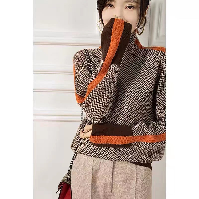 Women’s Herringbone Pattern Turtleneck Sweater Color Block Trim Long Sleeve Knit Pullover