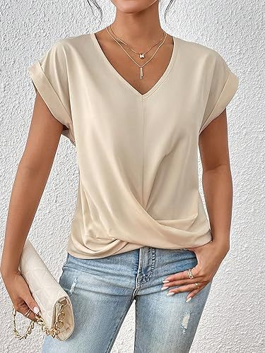 Women’s Beige V-Neck Twist Hem Blouse Rolled Casual Knotted Front T-Shirt