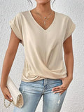 Women’s Beige V-Neck Twist Hem Blouse Rolled Casual Knotted Front T-Shirt
