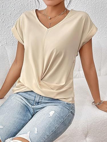 Women’s Beige V-Neck Twist Hem Blouse Rolled Casual Knotted Front T-Shirt