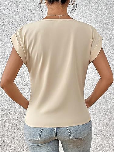 Women’s Beige V-Neck Twist Hem Blouse Rolled Casual Knotted Front T-Shirt