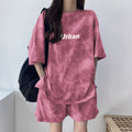 Women’s Pink Tie-Dye Two-Piece Outfit Urban Print T-Shirt & Shorts Loungewear Set
