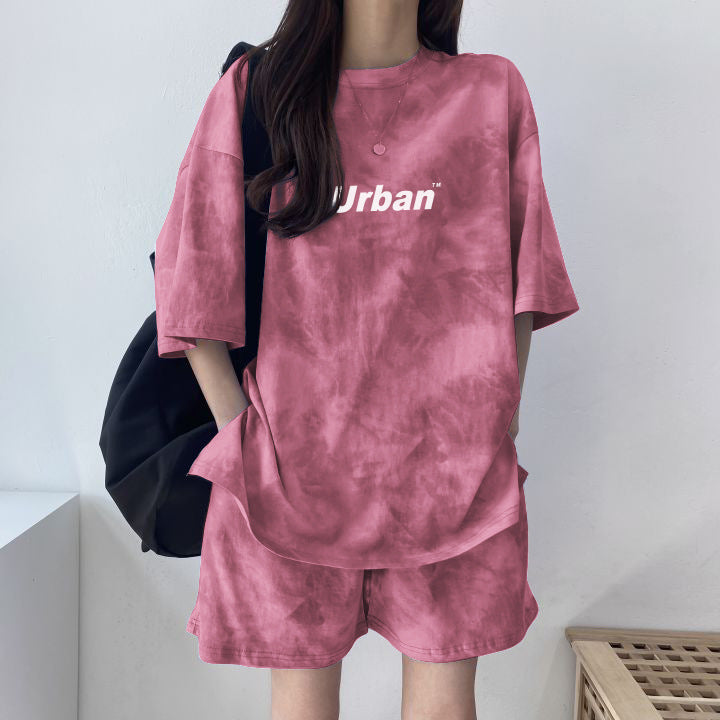 Women’s Pink Tie-Dye Two-Piece Outfit Urban Print T-Shirt & Shorts Loungewear Set