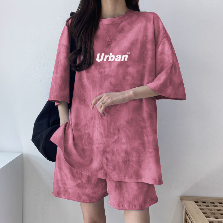 Women’s Pink Tie-Dye Two-Piece Outfit Urban Print T-Shirt & Shorts Loungewear Set