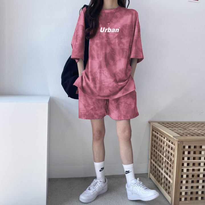 Women’s Pink Tie-Dye Two-Piece Outfit Urban Print T-Shirt & Shorts Loungewear Set