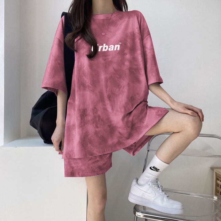 Women’s Pink Tie-Dye Two-Piece Outfit Urban Print T-Shirt & Shorts Loungewear Set